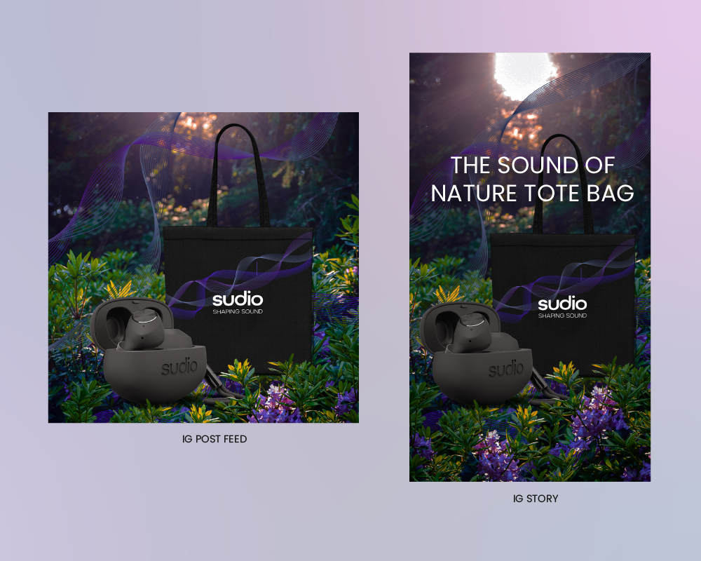 The purple waves represent the sound that you can hear in the nauture, that is both peaceful and immersive. Overall, this tote bag design can compliment the beautiful nature that we have, while also being sustainable.